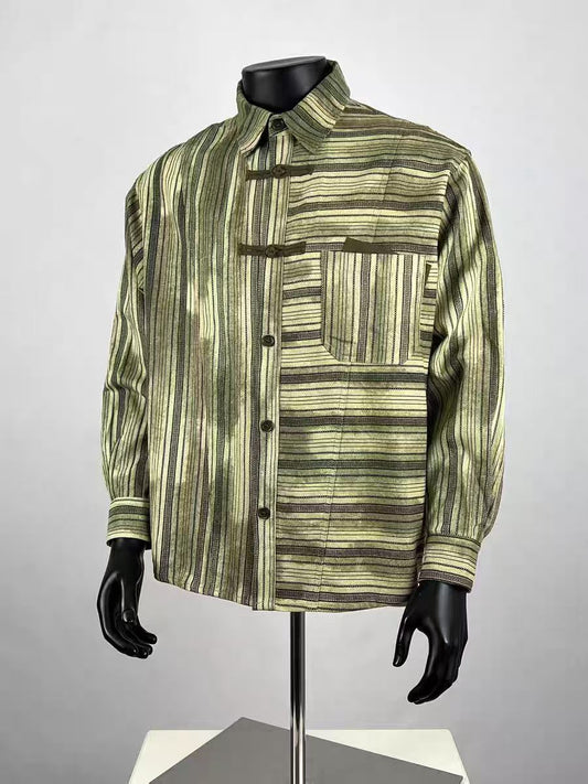 Men's Asymmetrical Stripe Frog Button Shirt, Vintage Oriental Style Long Sleeve Button Down