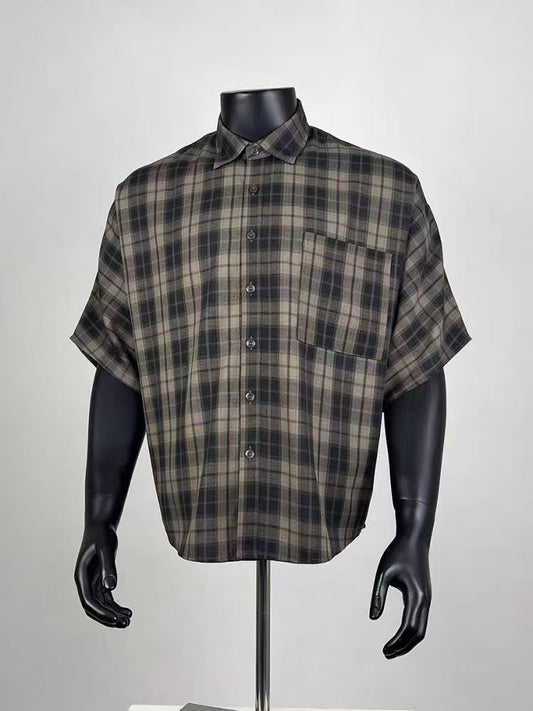 Men's Oversized Vintage Plaid Short Sleeve Button Up Shirt, Casual Loose Fit Checkered Shirt with Chest Pocket for Daily & Streetwear