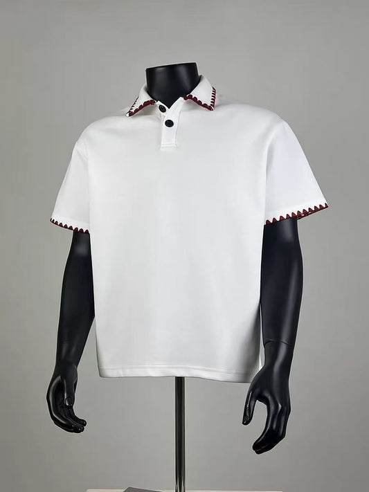 Men's Contrast Stitch Oversized Polo Shirt, White Short Sleeve with Red Zigzag Trim, Casual Streetwear Top