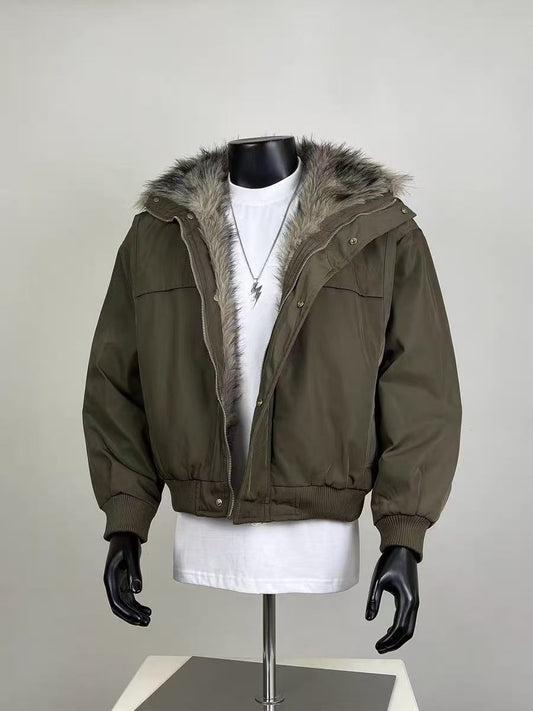 Men's Army Green Faux Fur Lined Hooded Bomber Jacket - Warm Winter Streetwear Coat