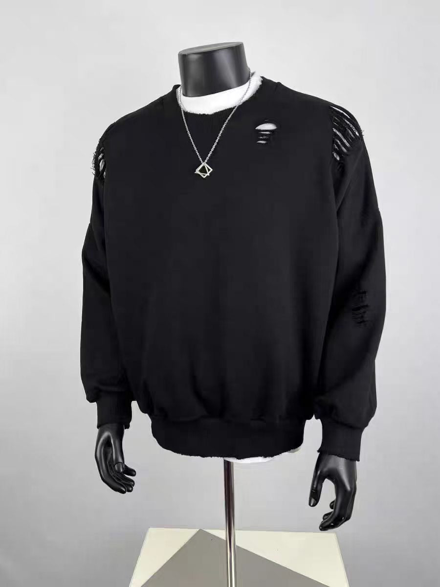 Men's Oversized Distressed Black Crewneck Sweatshirt, Streetwear Ripped Pullover