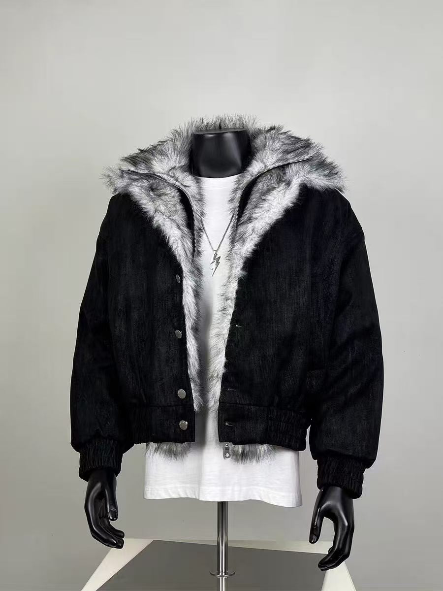 Black Corduroy Faux Fur Lined Bomber Jacket | Winter Oversized Cropped Coat