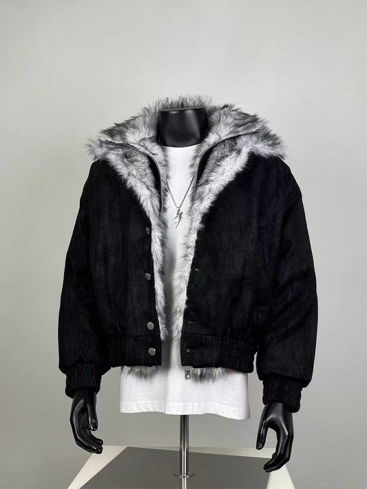 Black Corduroy Faux Fur Lined Bomber Jacket | Winter Oversized Cropped Coat