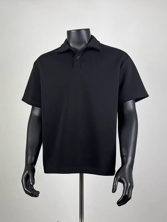 Men's Black Raw Edge Oversized Polo Shirt, Casual Short Sleeve Knit Collar Top for Streetwear & Daily Wear