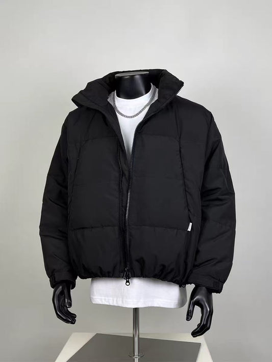 Men's Black Boxy Puffer Jacket | Stand Collar Winter Bomber Coat