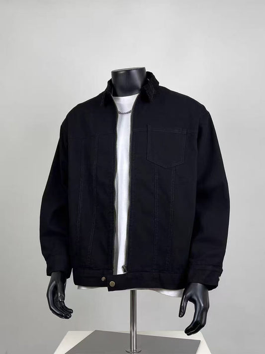 Men's Corduroy Collar Zip-Up Trucker Jacket, Casual Oversized Black Denim Shirt Jacket