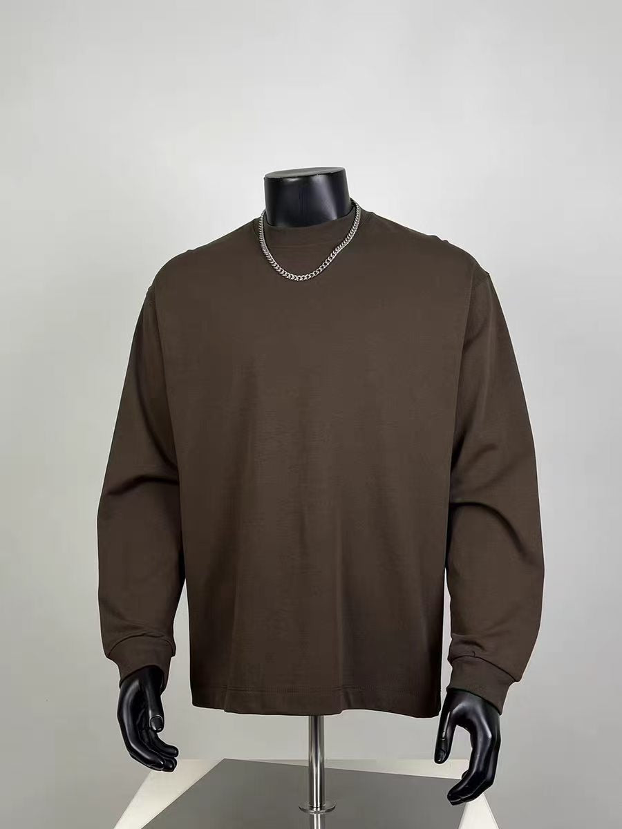 Men's Chocolate Brown Mock Neck Long Sleeve Sweatshirt, Oversized Minimalist Pullover for Streetwear