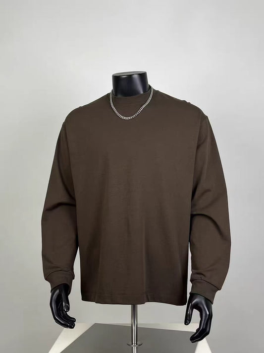 Men's Chocolate Brown Mock Neck Long Sleeve Sweatshirt, Oversized Minimalist Pullover for Streetwear