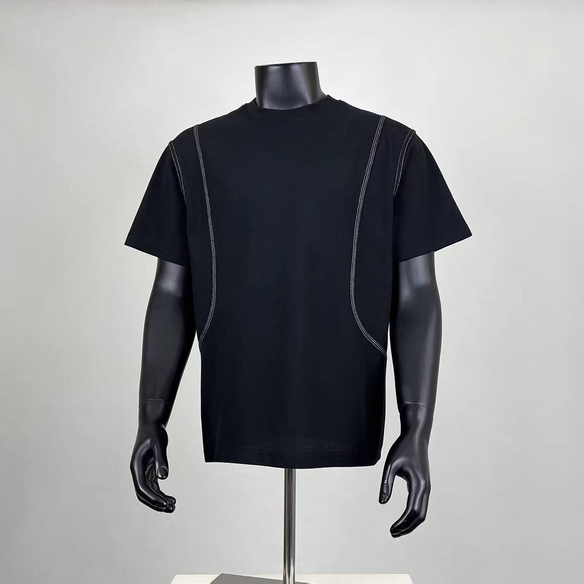 Men's Contrast Stitch Oversized T-Shirt, Casual Streetwear Short Sleeve Top, Black Loose Fit Crewneck Tee for Summer