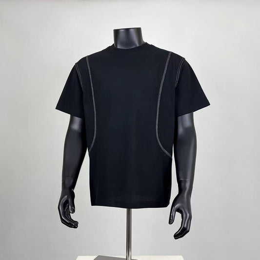 Men's Contrast Stitch Oversized T-Shirt, Casual Streetwear Short Sleeve Top, Black Loose Fit Crewneck Tee for Summer