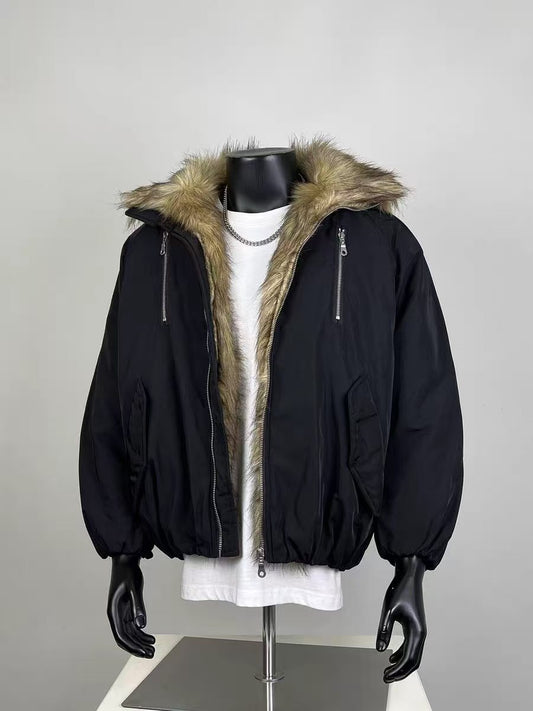 Men's Black Faux Fur Lined Hooded Bomber Jacket - Casual Winter Streetwear Coat