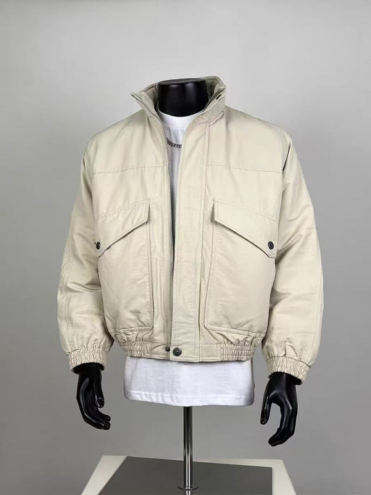 Beige Cargo Pocket Bomber Jacket | Clean Fit Streetwear Outerwear