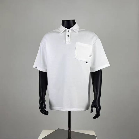 Men's Oversized White Mountain Logo Pocket Polo Shirt, Casual Breathable Short Sleeve Polo Top for Daily & Outdoor Wear