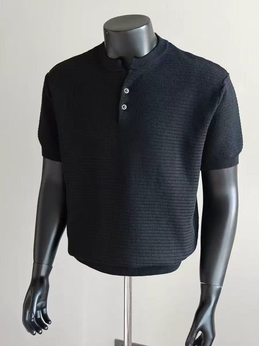 Men's Black Waffle Knit Henley Short Sleeve T-Shirt
