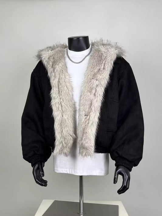 Black Faux Fur Trim Suede Jacket | Winter Oversized Cropped Bomber Coat