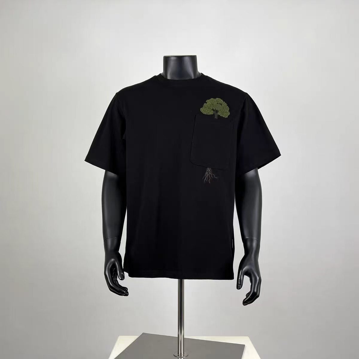 Men's 3D Embroidered Tree Pocket T-Shirt, 100% Cotton Casual Crew Neck Short Sleeve Tee