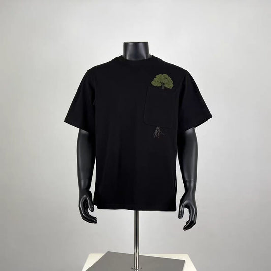 Men's 3D Embroidered Tree Pocket T-Shirt, 100% Cotton Casual Crew Neck Short Sleeve Tee